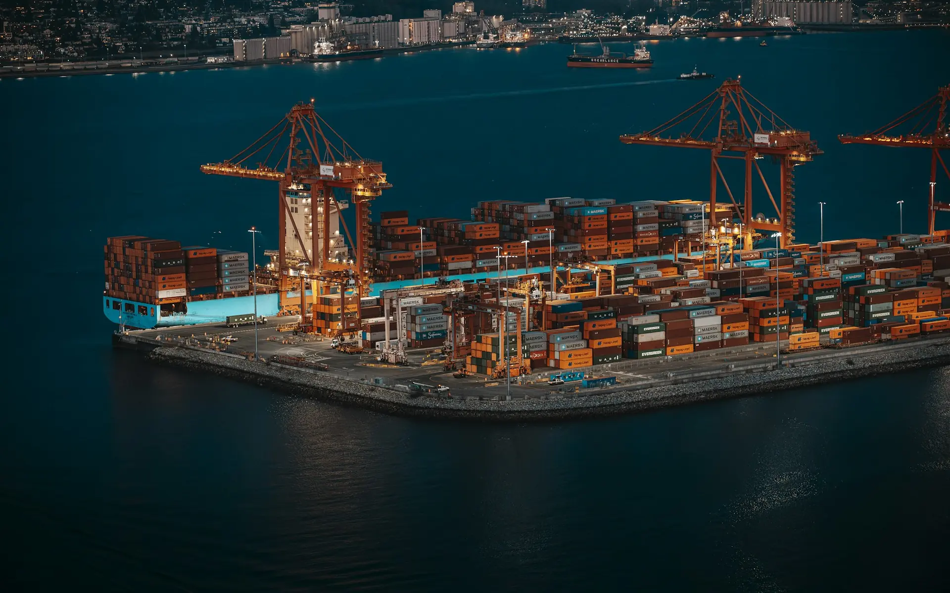 Container port lit up at night