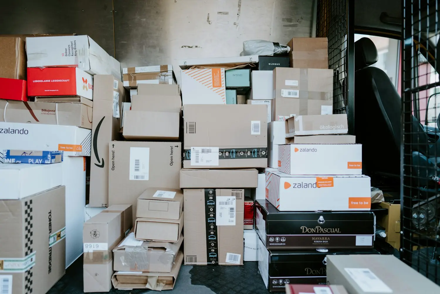 Stacked parcels with shipping labels